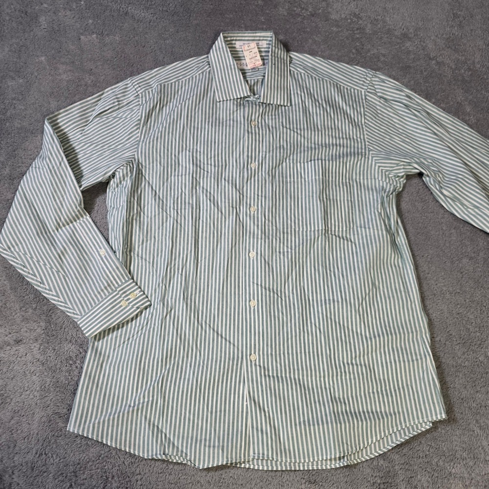 Perry Ellis Mens 16 32-33‎ Dress Shirt Green White Striped Cotton Button Down